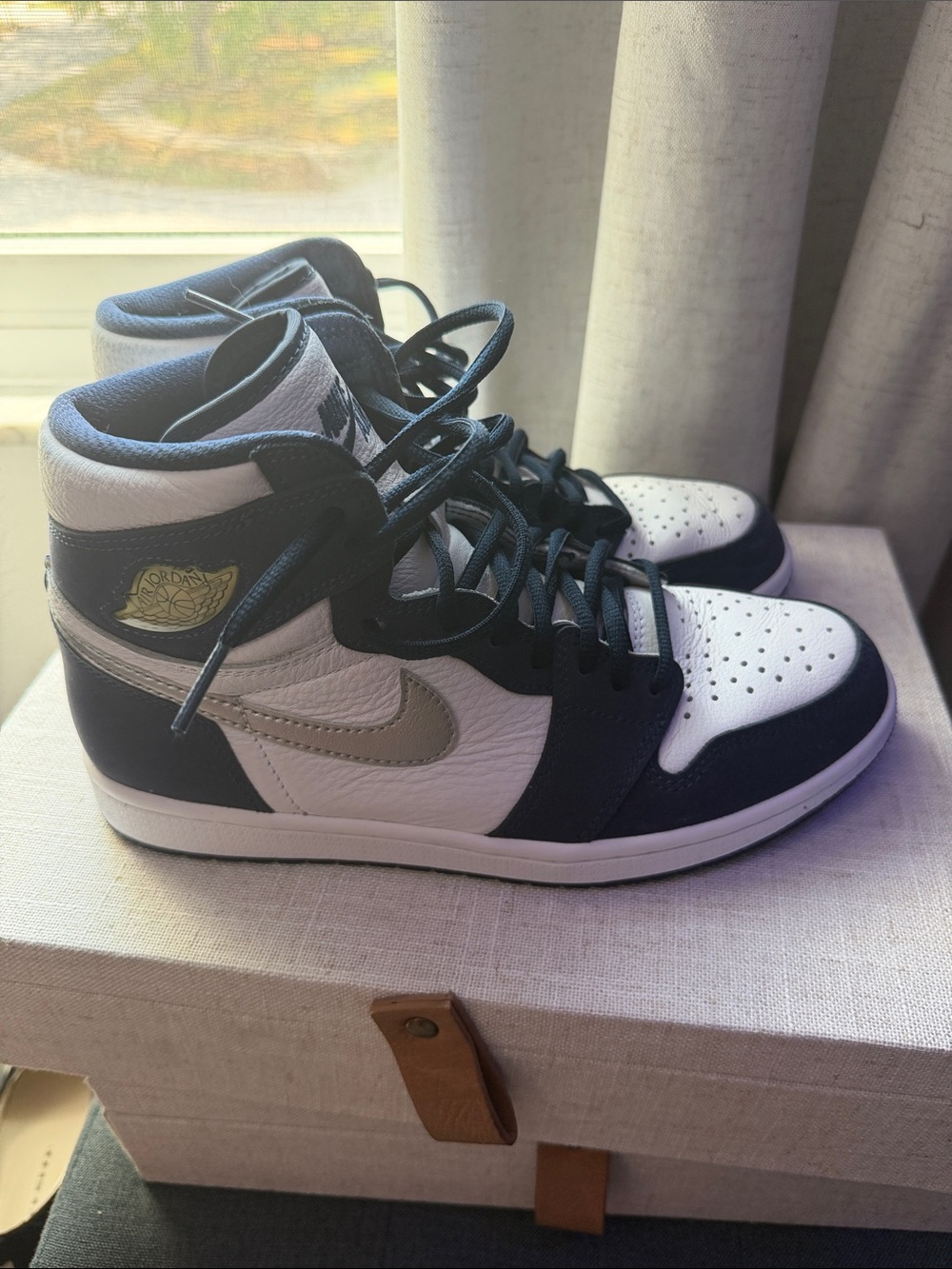 Jordan High-Top Sneakers in White, Black, Metallic Silver